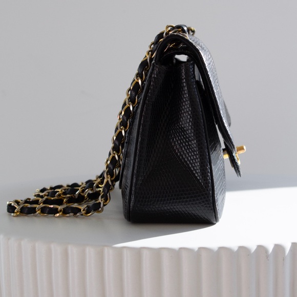 Chanel Vintage Small Classic Flap Exotic Lizard Leather 24K Gold CC Black Bag - Picture 7 of 16
